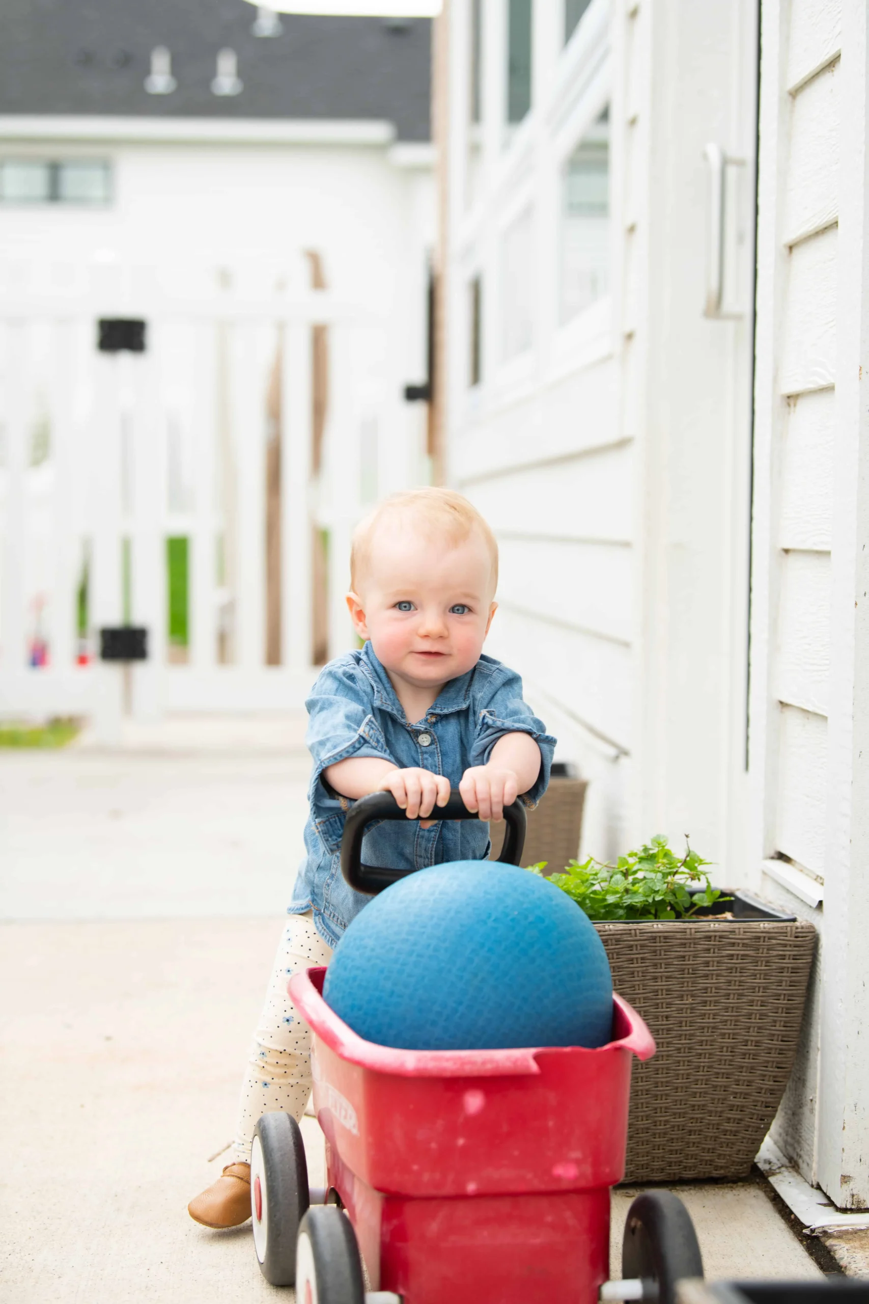 Infant pushing a ball in a wagon outside a Montessori environment in Roseville MN